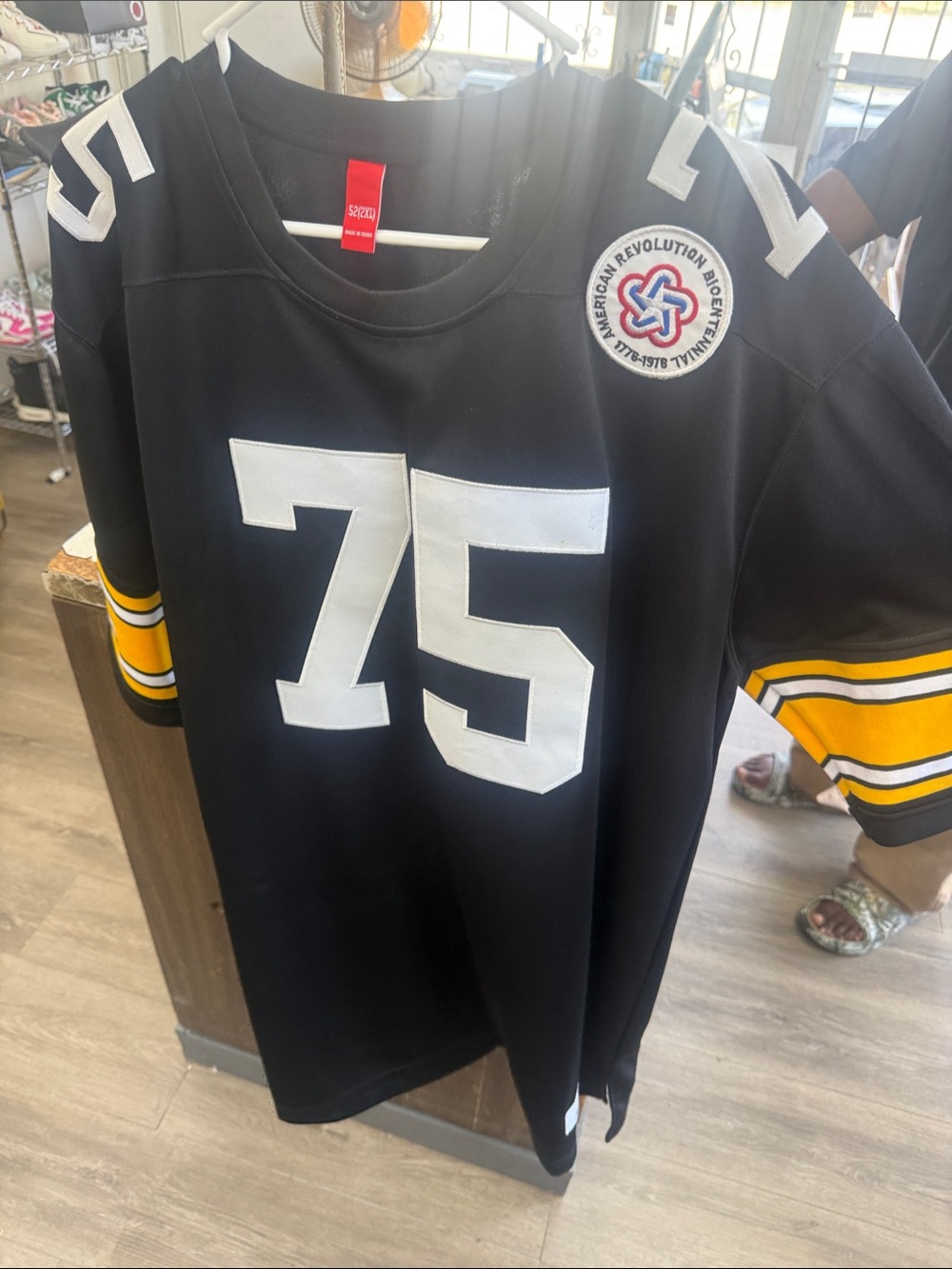 Men's Black Steelers Number 75 Football Jersey with Yellow Stripe Joe Greene
